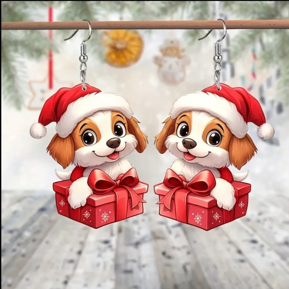 Adorable Christmas Acrylic Dangle Festive Dog Earrings. NWOT - Picture 2 of 4